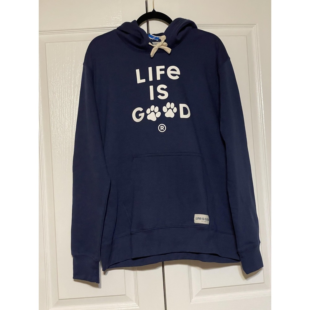 Life Is Good Hoodie Sweatshirt Mens Large Blue Paw Print Dog Graphic Pullover